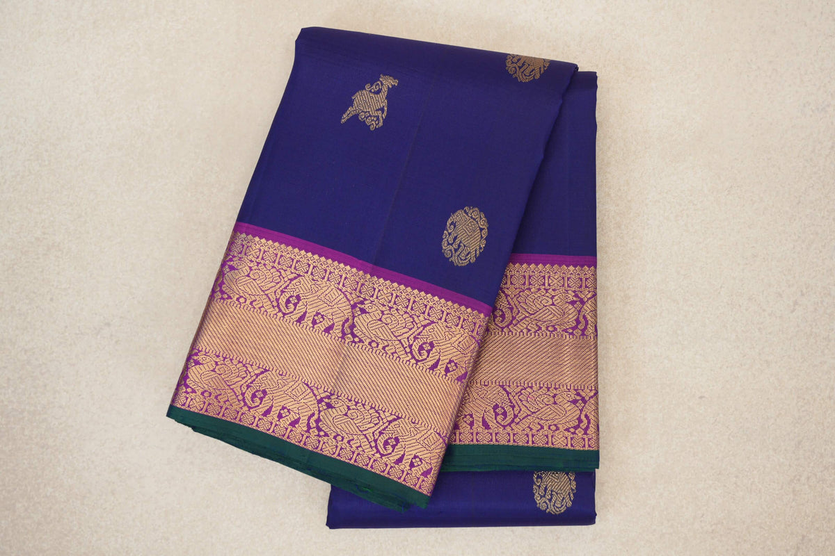 Deep Royal Blue with Bright Purple with Deep Bottle Green Selvedge Borders Vintage Kanjivaram Silk Saree