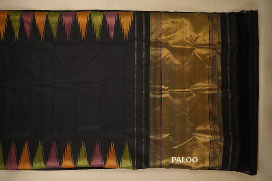 Black with Multi Color Temple Borders Vintage Kanjivaram Silk Saree paloo