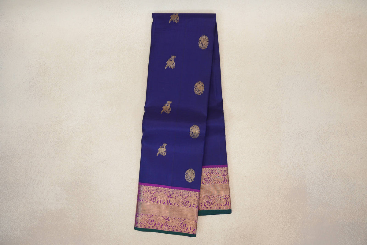 Online Deep Royal Blue with Bright Purple with Deep Bottle Green Selvedge Borders Vintage Kanjivaram Silk Saree