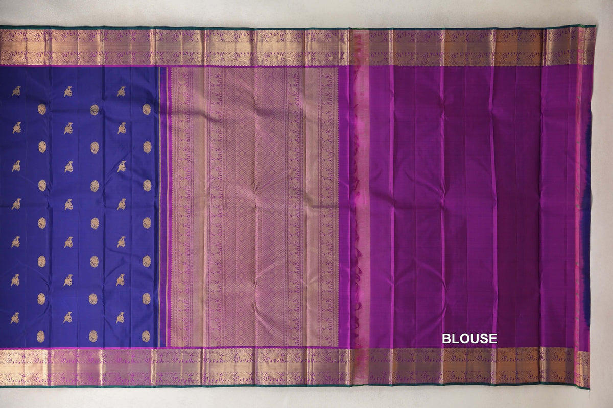 Deep Royal Blue with Bright Purple with Deep Bottle Green Selvedge Borders Vintage Kanjivaram Silk Saree blouse