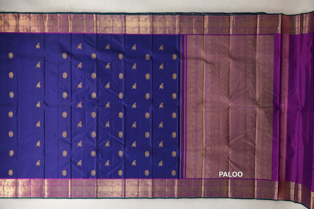 Deep Royal Blue with Bright Purple with Deep Bottle Green Selvedge Borders Vintage Kanjivaram Silk Saree paloo