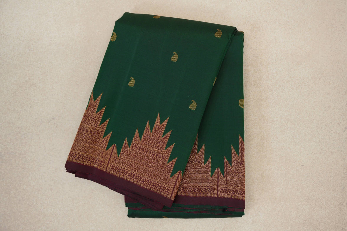 Deep Bottle Green with Deep Maroon Temple Borders Vintage Kanjivaram Silk Saree