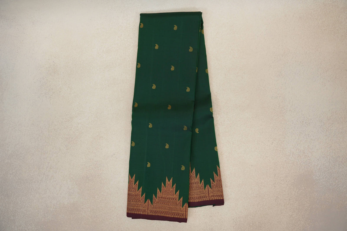 Online Deep Bottle Green with Deep Maroon Temple Borders Vintage Kanjivaram Silk Saree