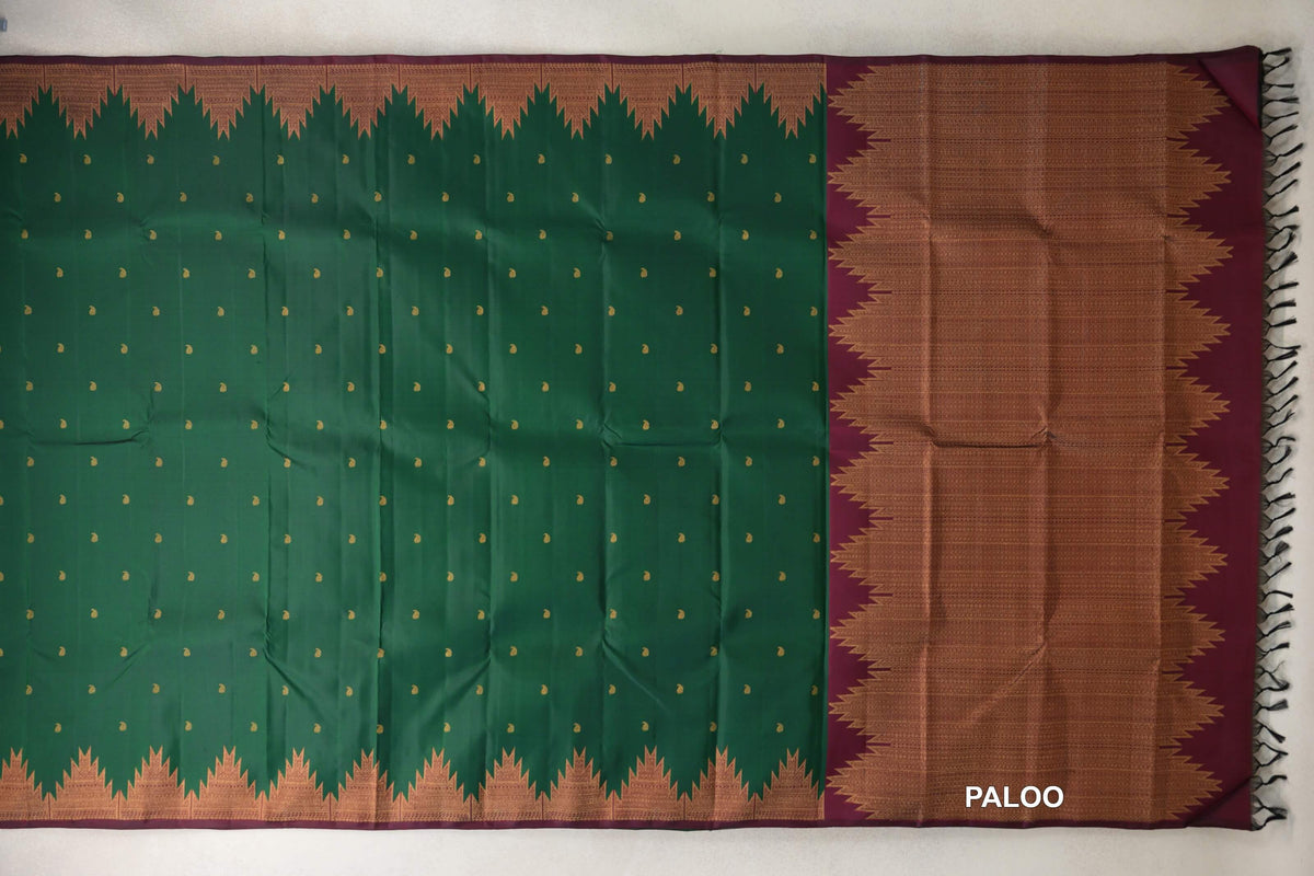 Deep Bottle Green with Deep Maroon Temple Borders Vintage Kanjivaram Silk Saree paloo