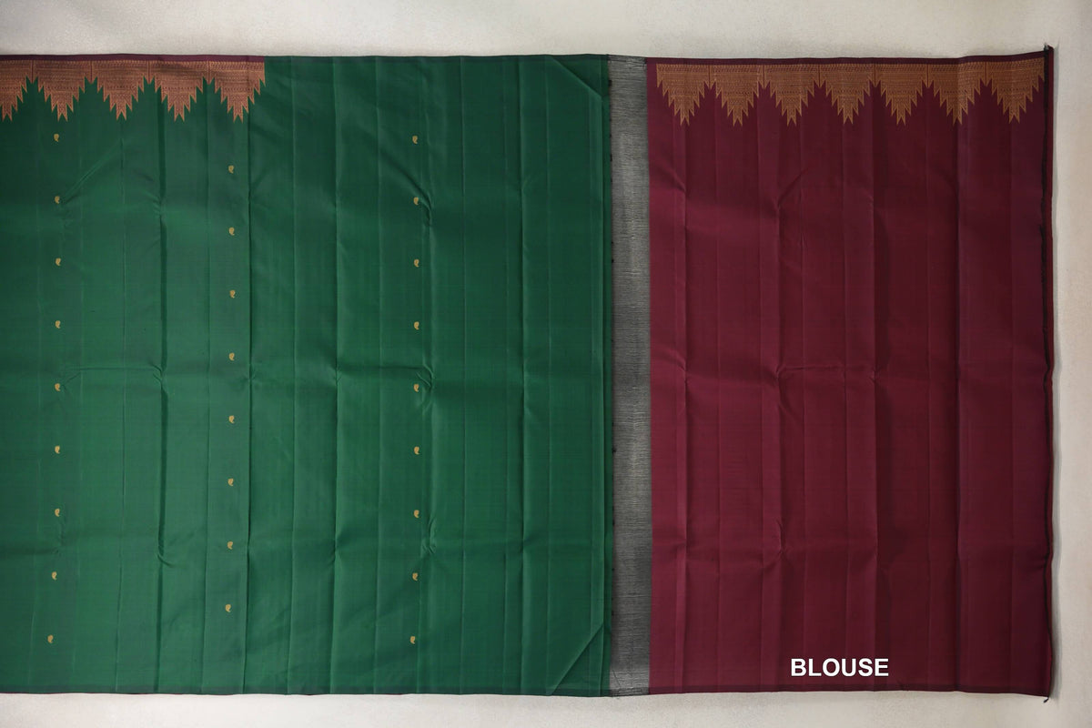 Deep Bottle Green with Deep Maroon Temple Borders Vintage Kanjivaram Silk Saree blouse