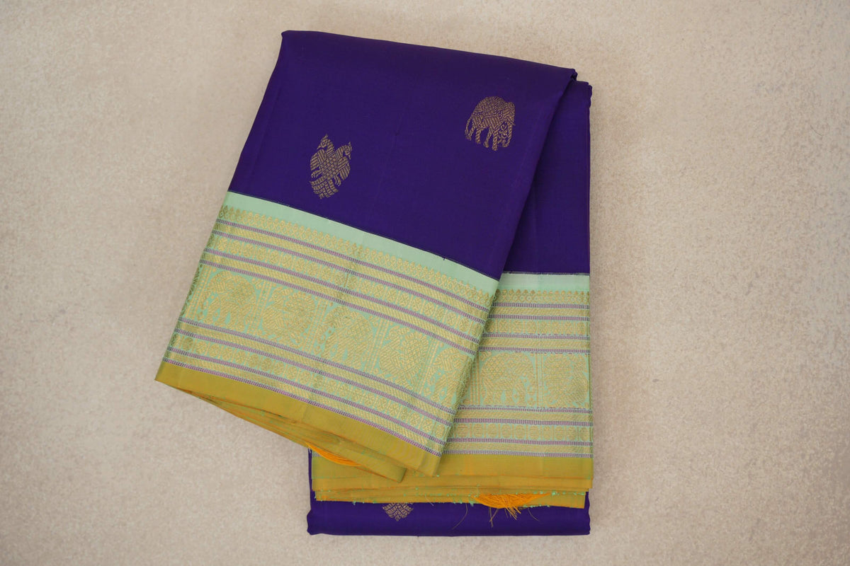 Deep Violet Purple with Pistha Green with Yellow Selvedge Borders Vintage Kanjivaram Silk Saree