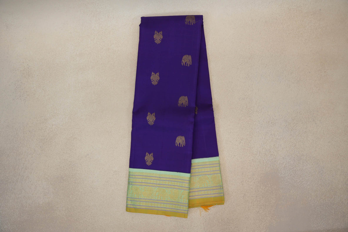 Online Deep Violet Purple with Pistha Green with Yellow Selvedge Borders Vintage Kanjivaram Silk Saree