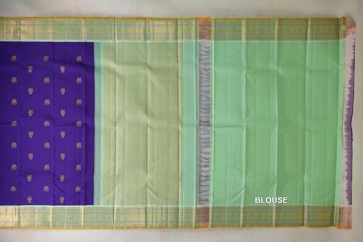 Deep Violet Purple with Pistha Green with Yellow Selvedge Borders Vintage Kanjivaram Silk Saree blouse
