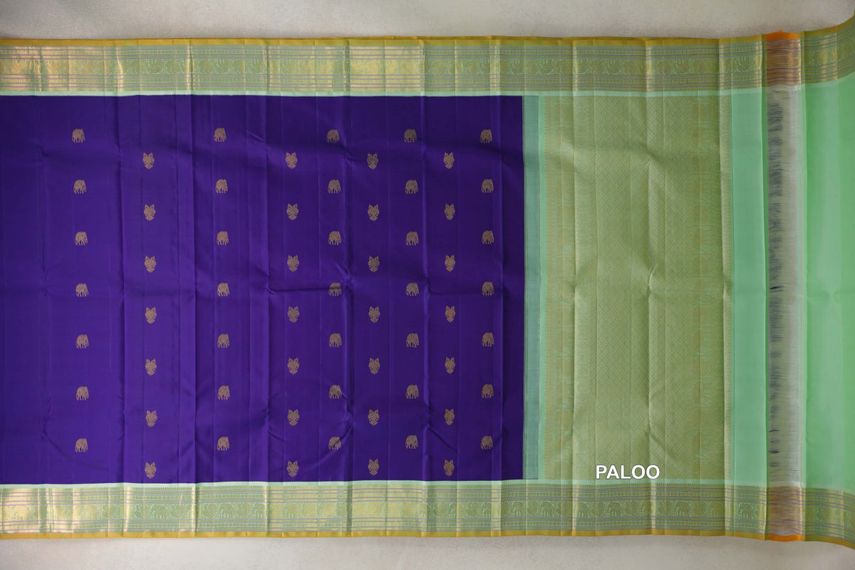 Deep Violet Purple with Pistha Green with Yellow Selvedge Borders Vintage Kanjivaram Silk Saree paloo