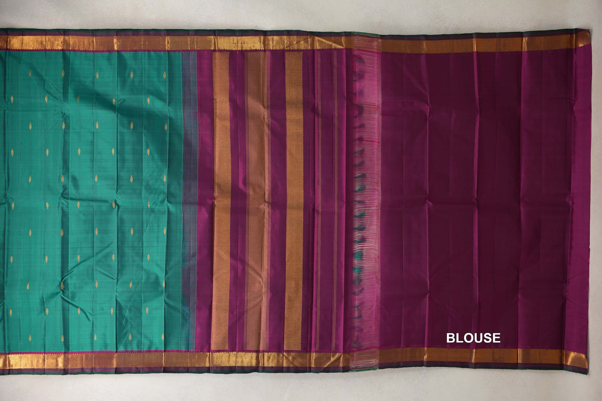 Teal Green with Deep Magenta with Dark Green Selvedge Borders Vintage Kanjivaram Silk Saree blouse