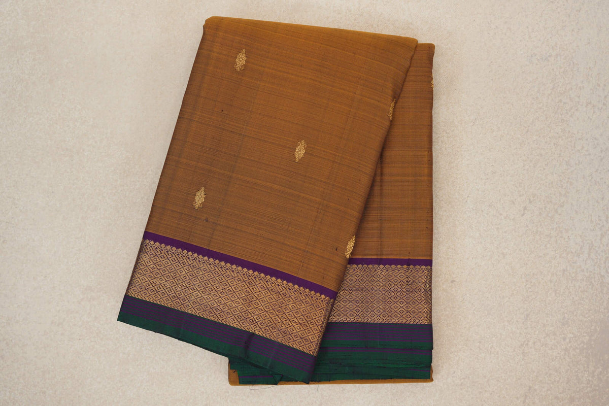 Gold Mustard with Dark Purple with Bottle Green Selvedge Borders Vintage Kanjivaram Silk Saree