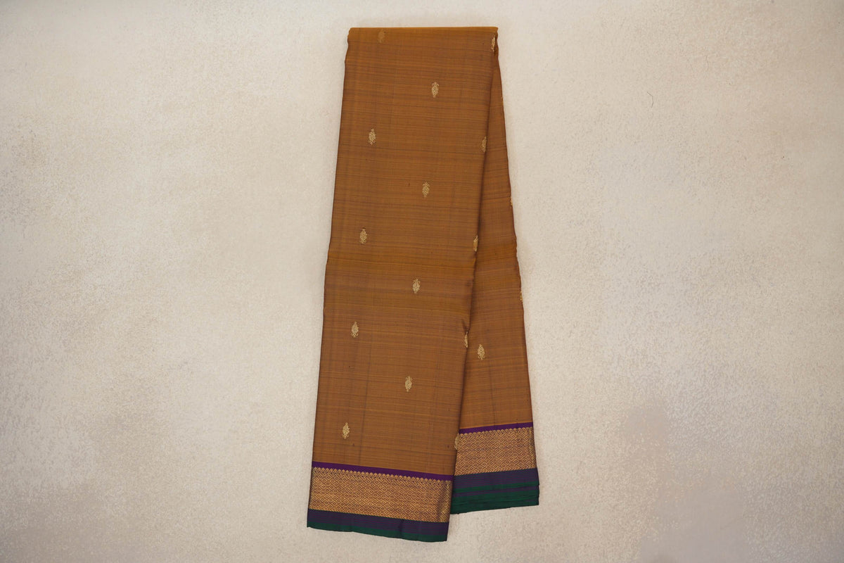 Online Gold Mustard with Dark Purple with Bottle Green Selvedge Borders Vintage Kanjivaram Silk Saree