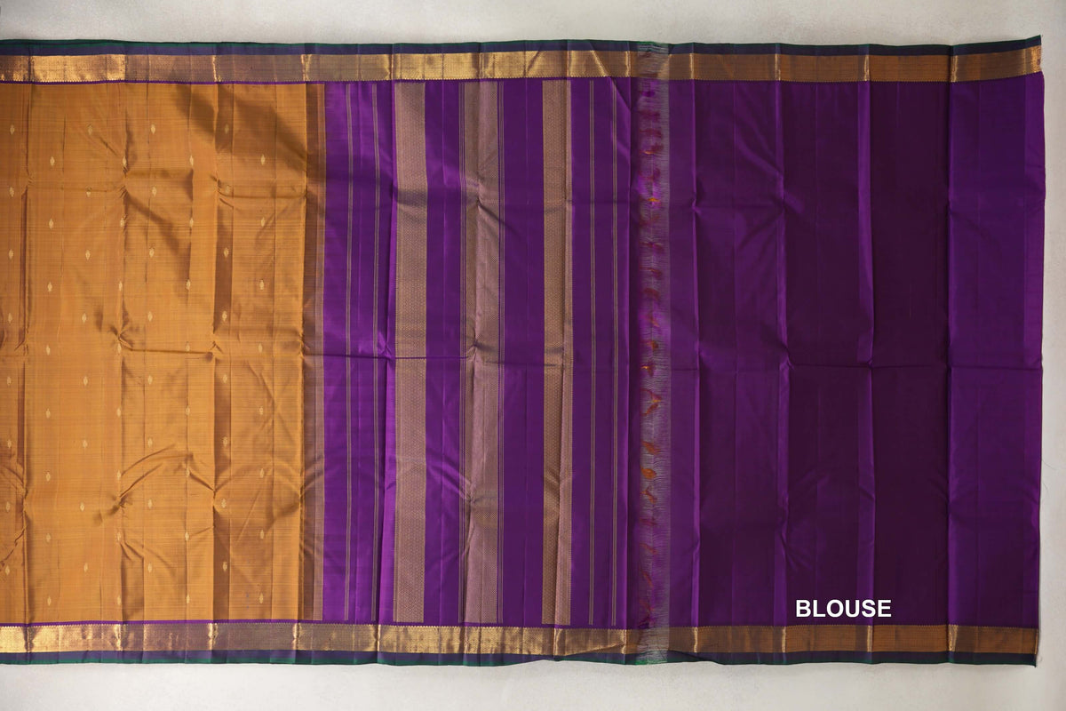 Gold Mustard with Dark Purple with Bottle Green Selvedge Borders Vintage Kanjivaram Silk Saree blouse