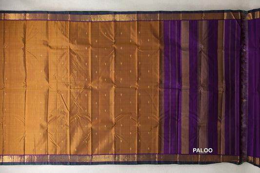 Gold Mustard with Dark Purple with Bottle Green Selvedge Borders Vintage Kanjivaram Silk Saree paloo