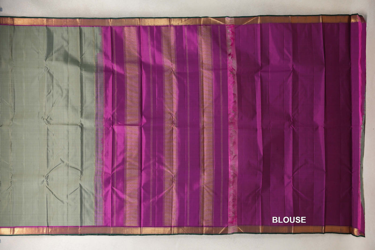 Sage Green with Magenta with Dark Green Selvedge Borders Vintage Kanjivaram Silk Saree blouse