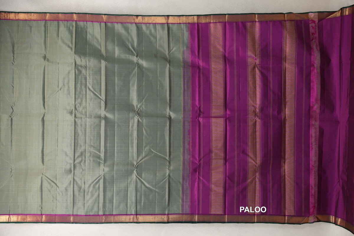 Sage Green with Magenta with Dark Green Selvedge Borders Vintage Kanjivaram Silk Saree paloo