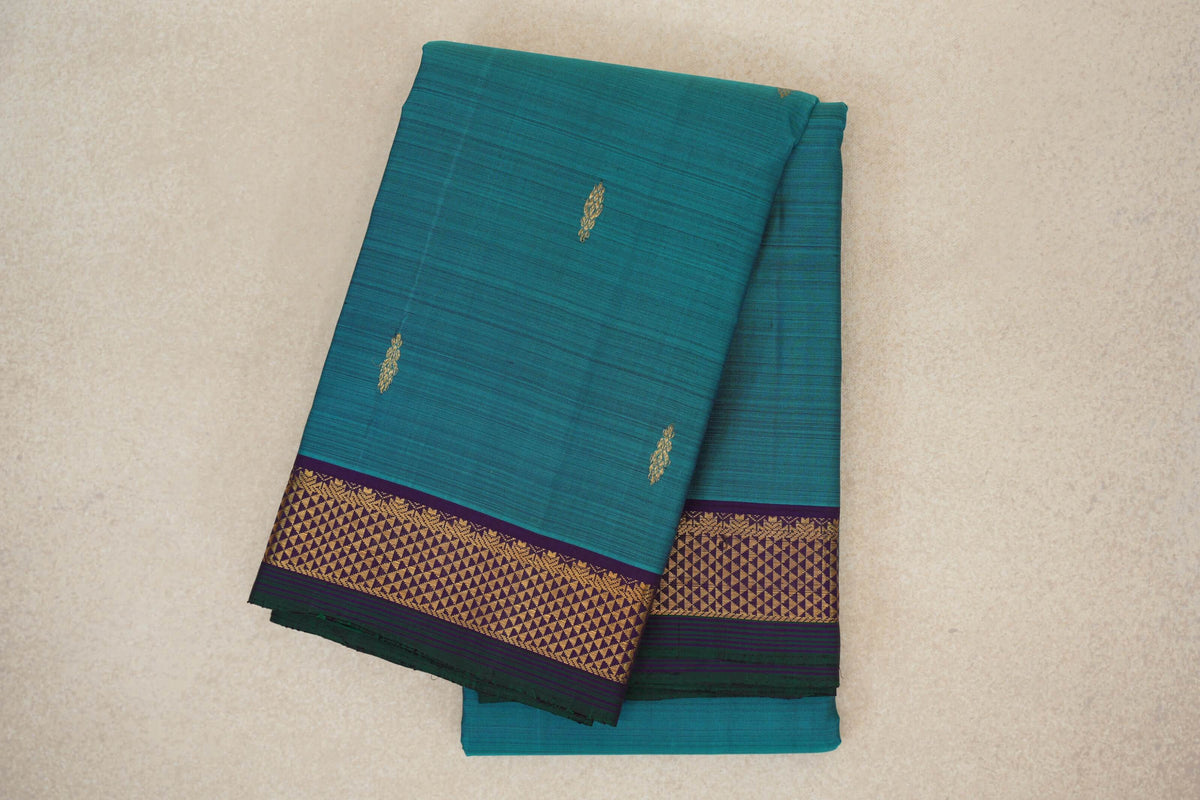 Teal Blue with Dark Purple with Bottle Green Selvedge Borders Vintage Kanjivaram Silk Saree