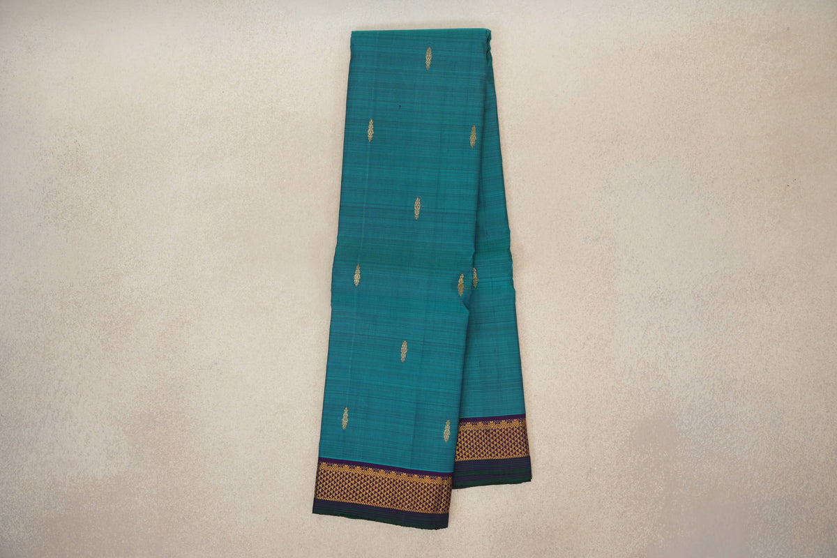 Online Teal Blue with Dark Purple with Bottle Green Selvedge Borders Vintage Kanjivaram Silk Saree
