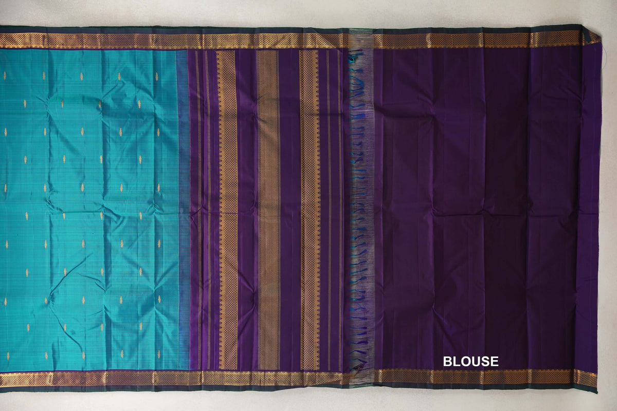 Teal Blue with Dark Purple with Bottle Green Selvedge Borders Vintage Kanjivaram Silk Saree blouse