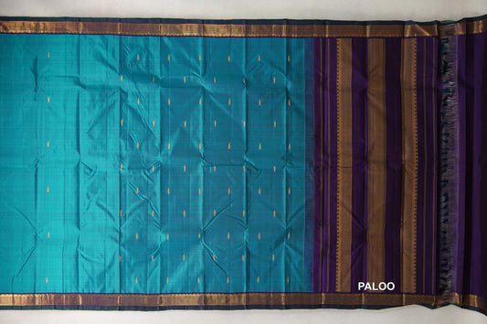 Teal Blue with Dark Purple with Bottle Green Selvedge Borders Vintage Kanjivaram Silk Saree paloo