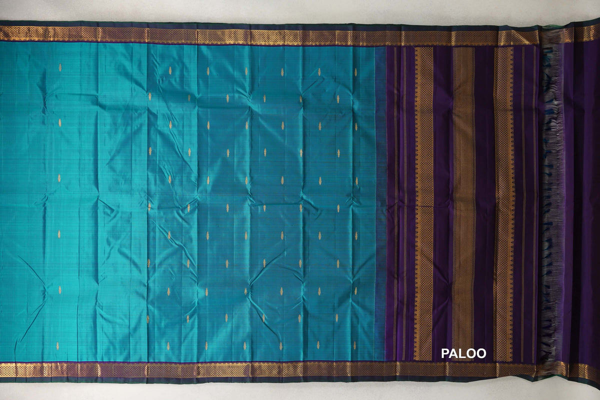 Teal Blue with Dark Purple with Bottle Green Selvedge Borders Vintage Kanjivaram Silk Saree paloo