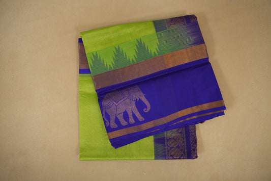 Fluorescent Green with Violet Borders Silk Cotton Saree