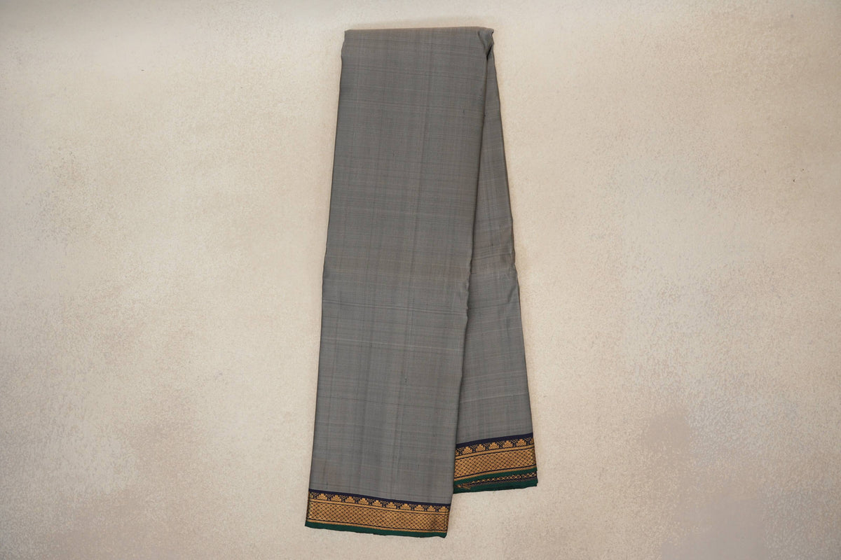Online Silver Grey with Deep Navy Blue with Dark Bottle Green Selvedge Borders Vintage Kanjivaram Silk Saree