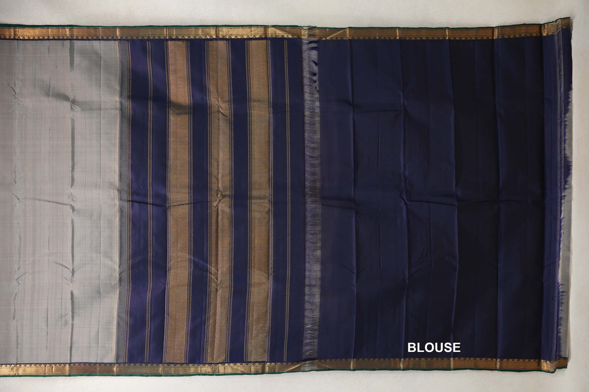 Silver Grey with Deep Navy Blue with Dark Bottle Green Selvedge Borders Vintage Kanjivaram Silk Saree blouse