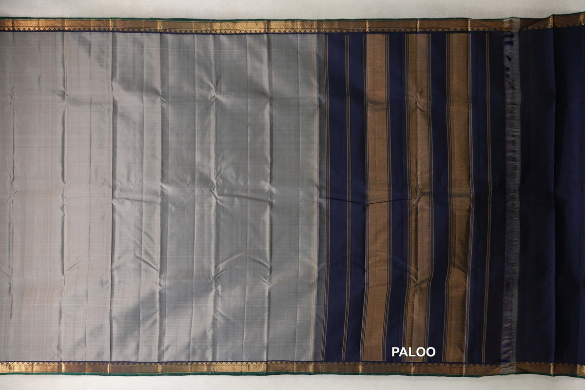 Silver Grey with Deep Navy Blue with Dark Bottle Green Selvedge Borders Vintage Kanjivaram Silk Saree paloo