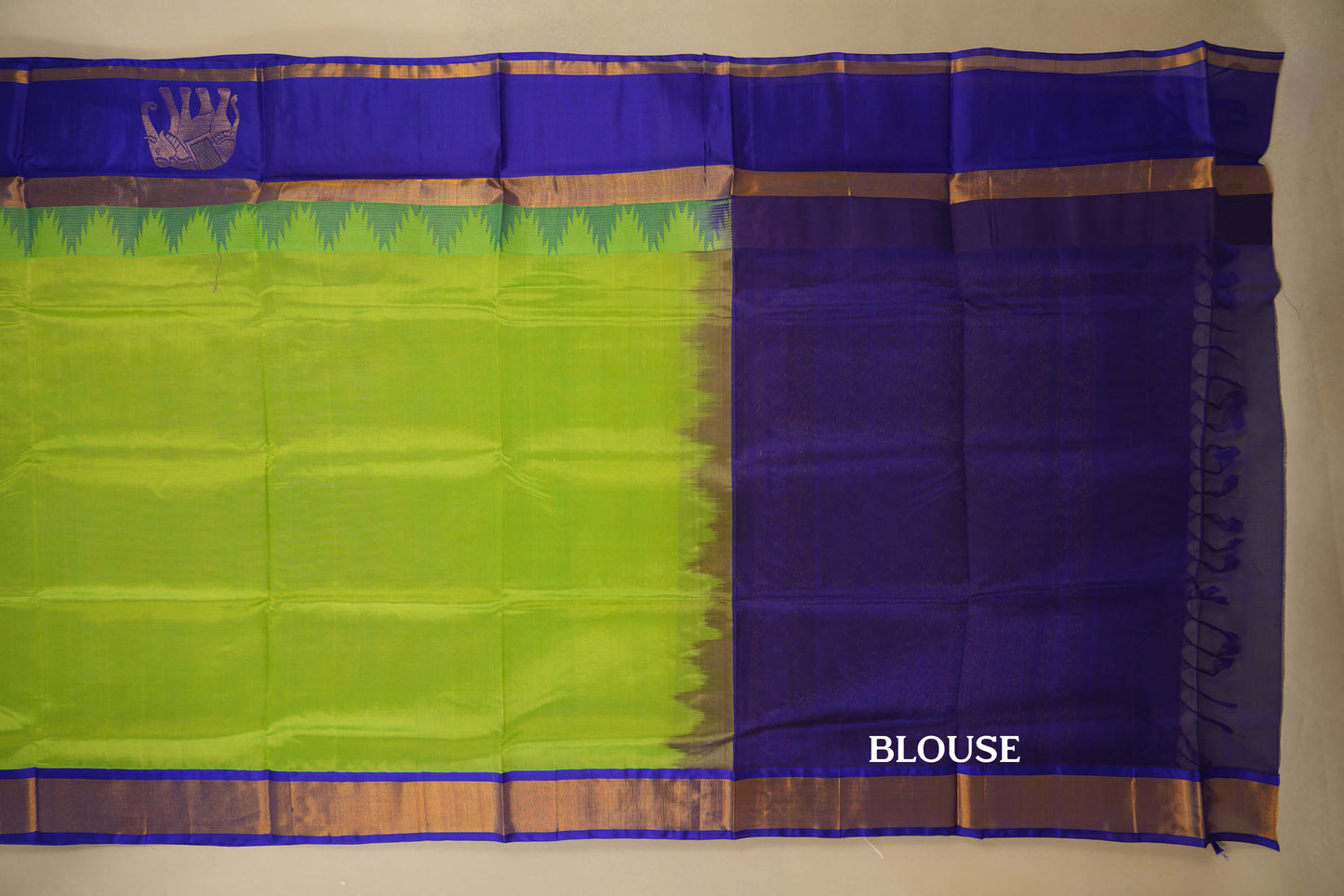 Fluorescent Green with Violet Borders Silk Cotton Saree blouse