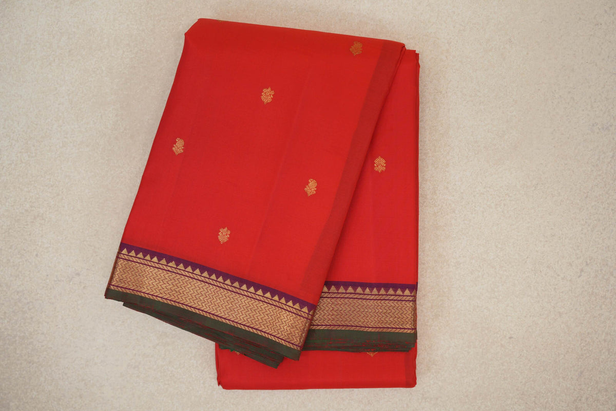 Bright Red with Dual Tone of Bright Red and Blue Borders Vintage Kanjivaram Silk Saree