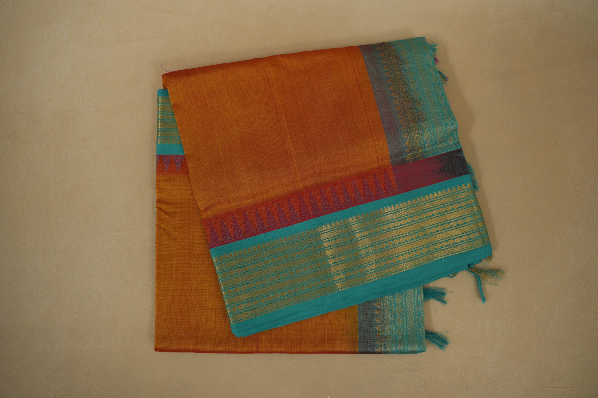 Mustard with Rama Blue Borders Silk Cotton Saree
