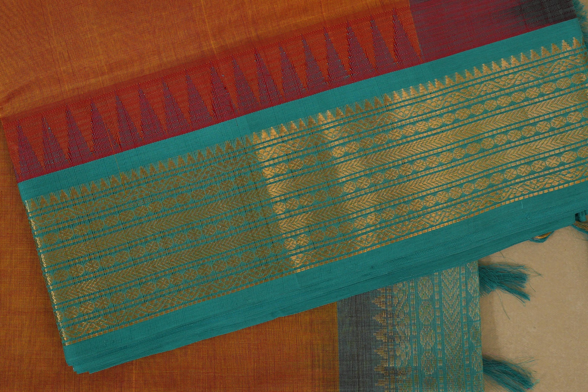 Mustard with Rama Blue Borders Silk Cotton Saree online