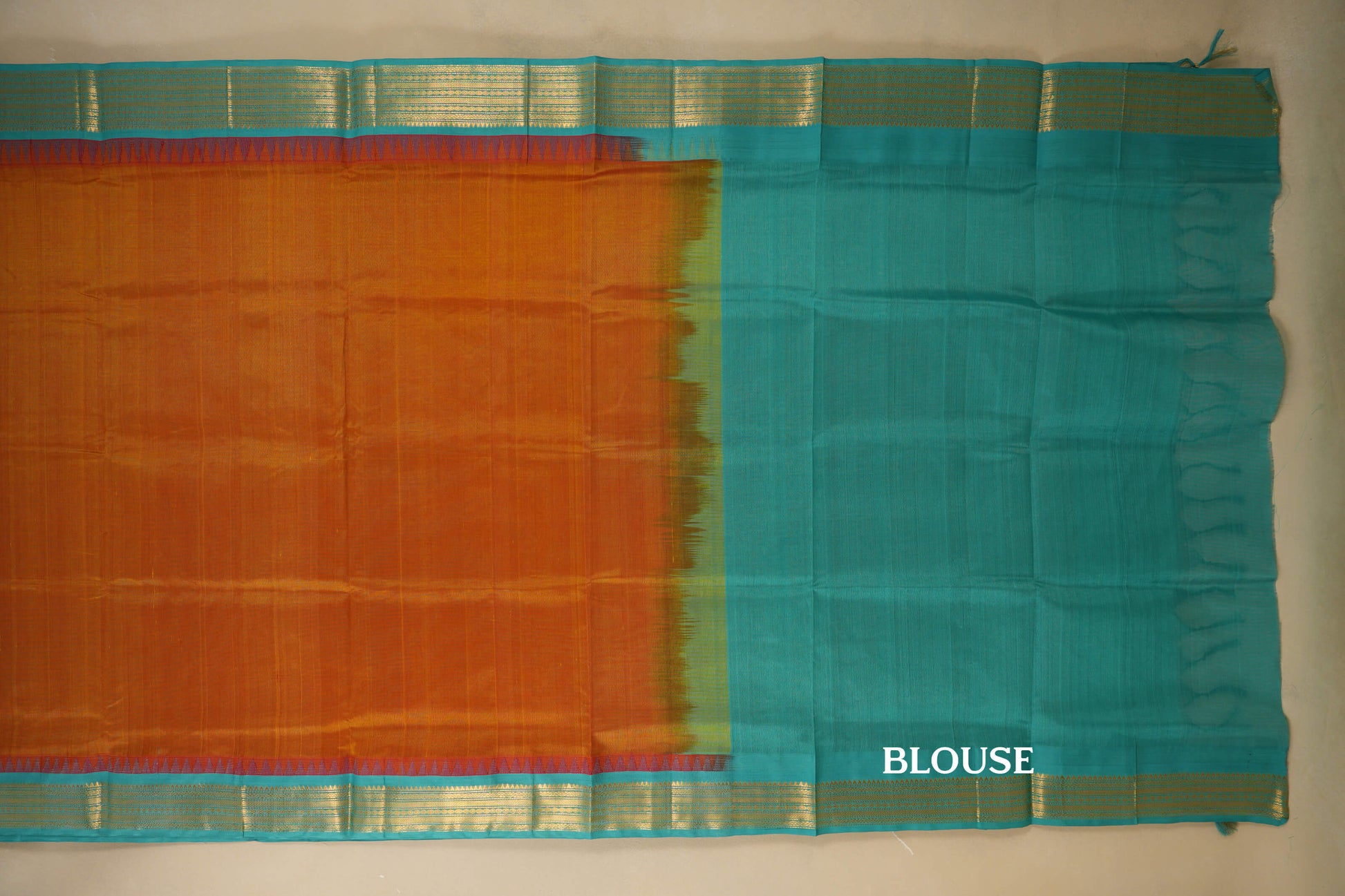 Mustard with Rama Blue Borders Silk Cotton Saree blouse