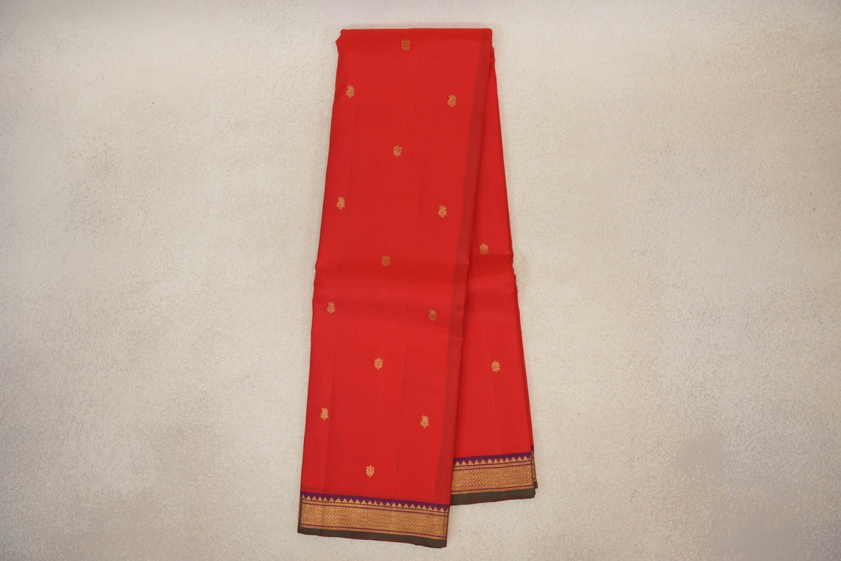 Online Bright Red with Dual Tone of Bright Red and Blue Borders Vintage Kanjivaram Silk Saree