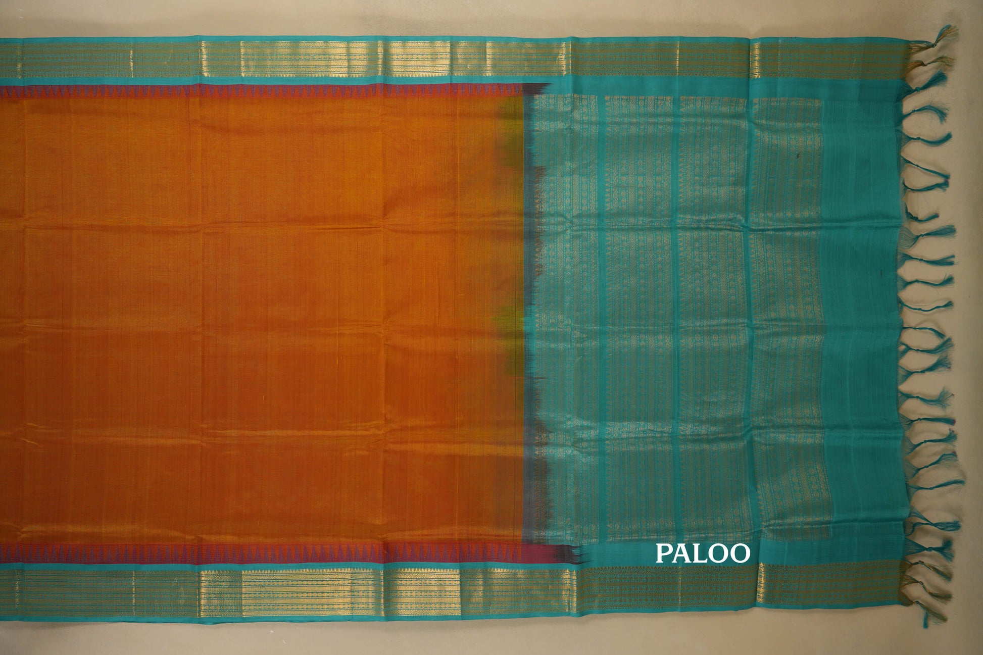 Mustard with Rama Blue Borders Silk Cotton Saree paloo