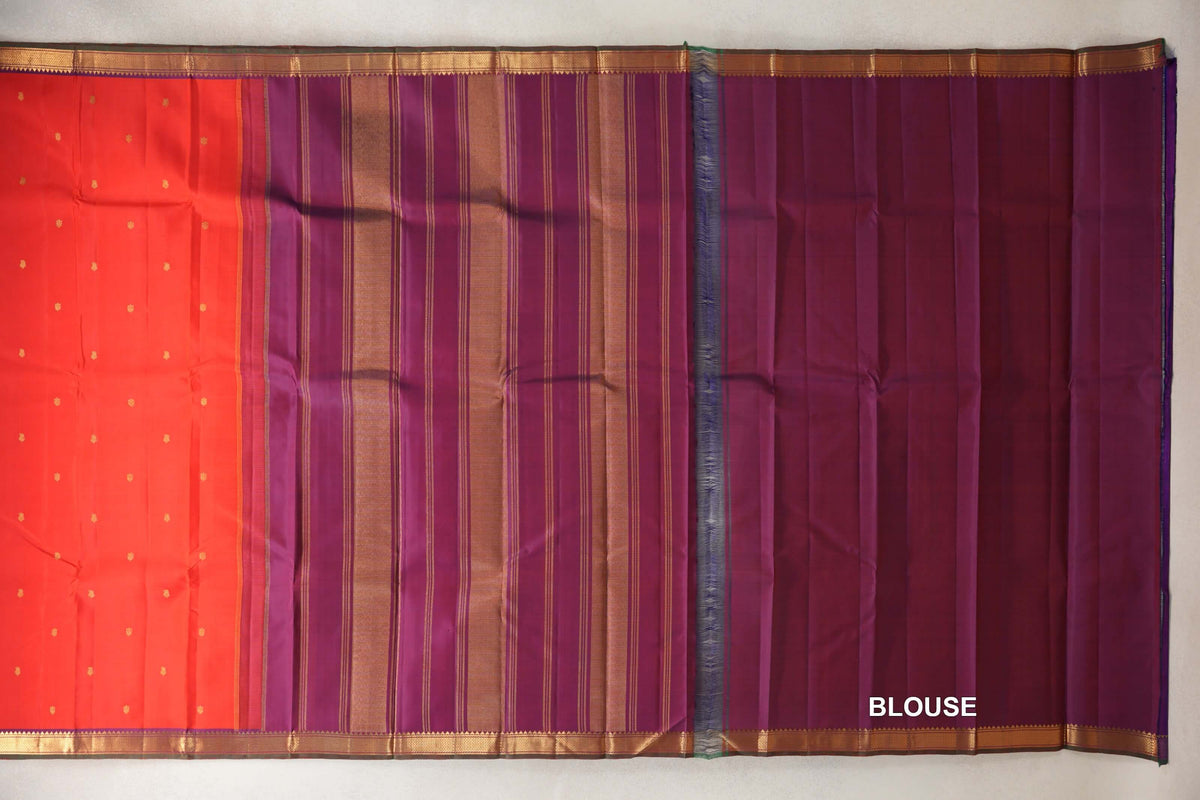 Bright Red with Dual Tone of Bright Red and Blue Borders Vintage Kanjivaram Silk Saree blouse