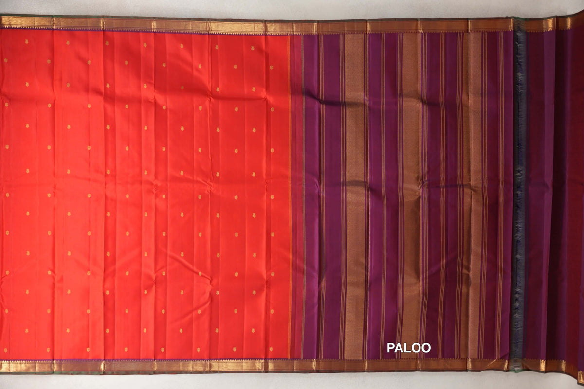 Bright Red with Dual Tone of Bright Red and Blue Borders Vintage Kanjivaram Silk Saree paloo