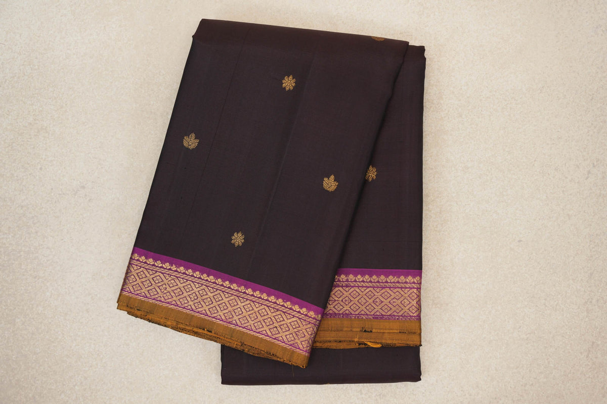 Deep Plum Brown with Deep Magenta with Mustard Oil Selvedge Borders Vintage Kanjivaram Silk Saree