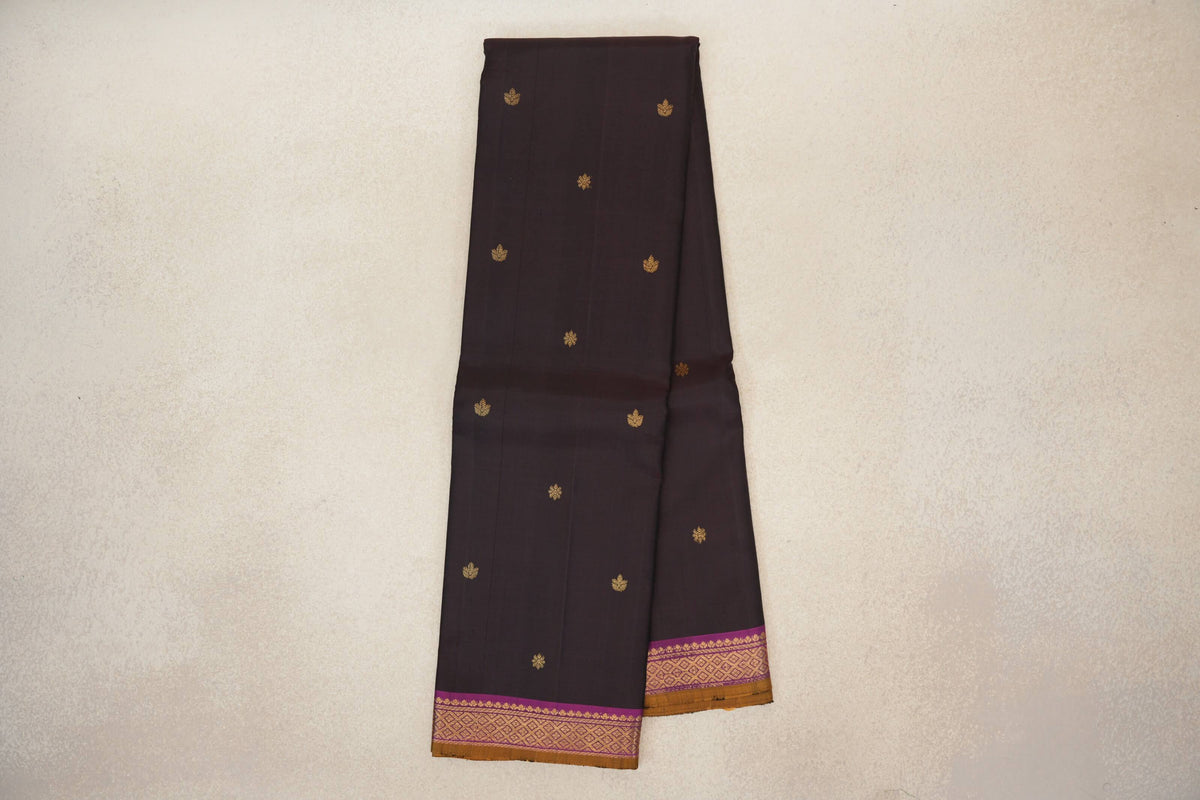 Online Deep Plum Brown with Deep Magenta with Mustard Oil Selvedge Borders Vintage Kanjivaram Silk Saree