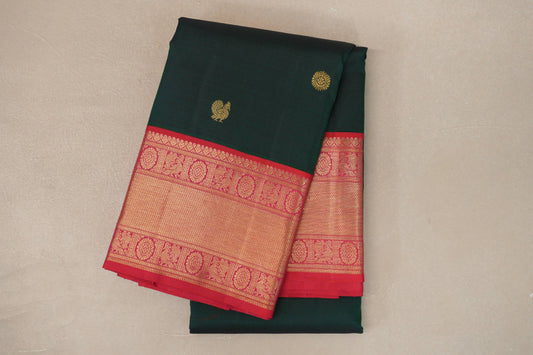Bottle Green with Orangish Pink Borders Vintage Kanjivaram Silk Saree