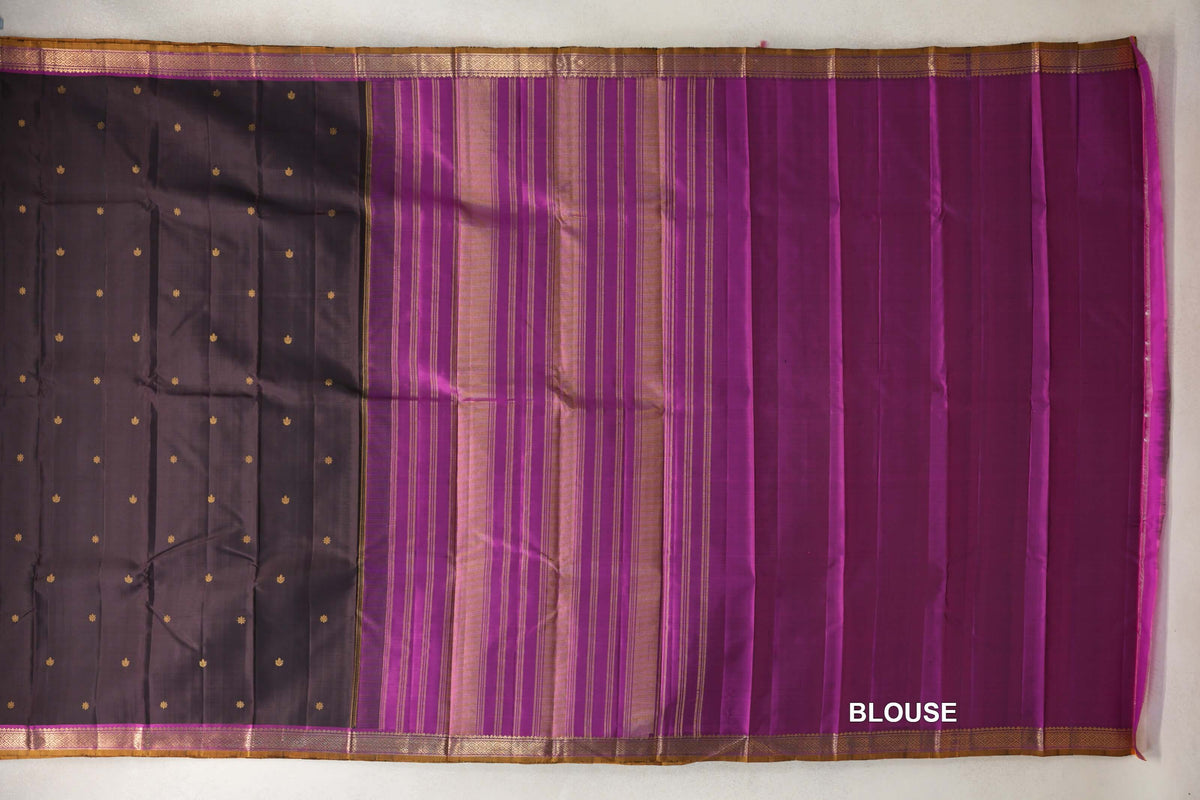 Deep Plum Brown with Deep Magenta with Mustard Oil Selvedge Borders Vintage Kanjivaram Silk Saree blouse