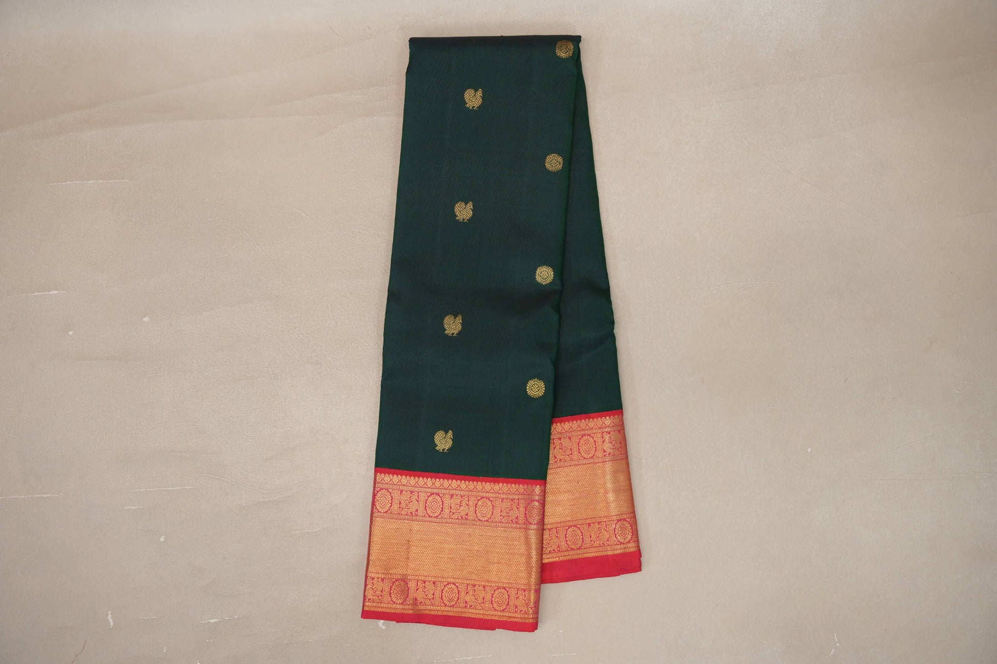 Online Bottle Green with Orangish Pink Borders Vintage Kanjivaram Silk Saree