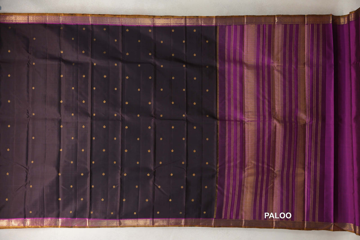 Deep Plum Brown with Deep Magenta with Mustard Oil Selvedge Borders Vintage Kanjivaram Silk Saree paloo