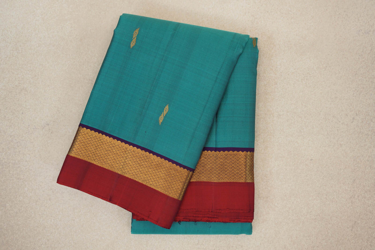 Aqua Blue with Deep Violet Purple with Deep Red Selvedge Borders Vintage Kanjivaram Silk Saree