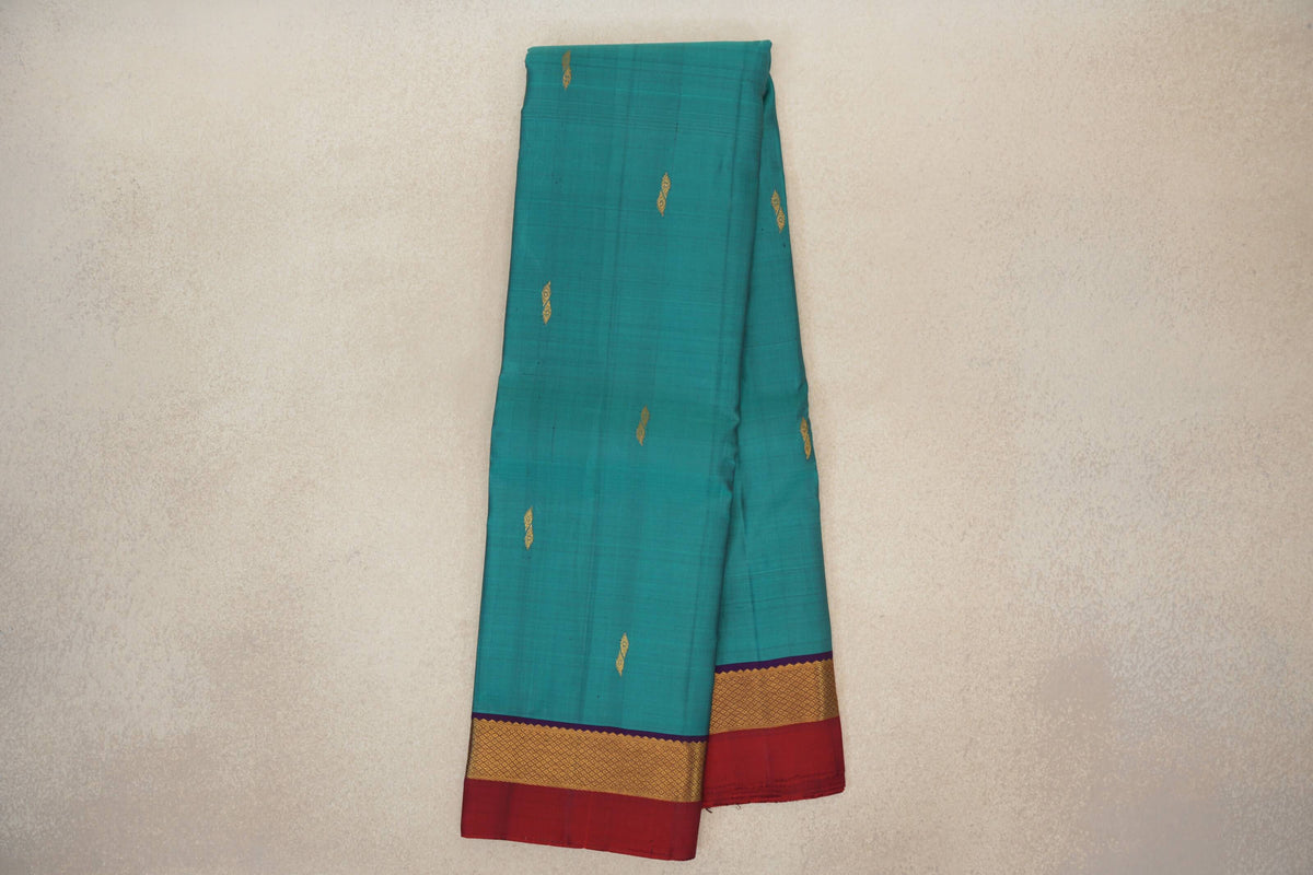 Online Aqua Blue with Deep Violet Purple with Deep Red Selvedge Borders Vintage Kanjivaram Silk Saree