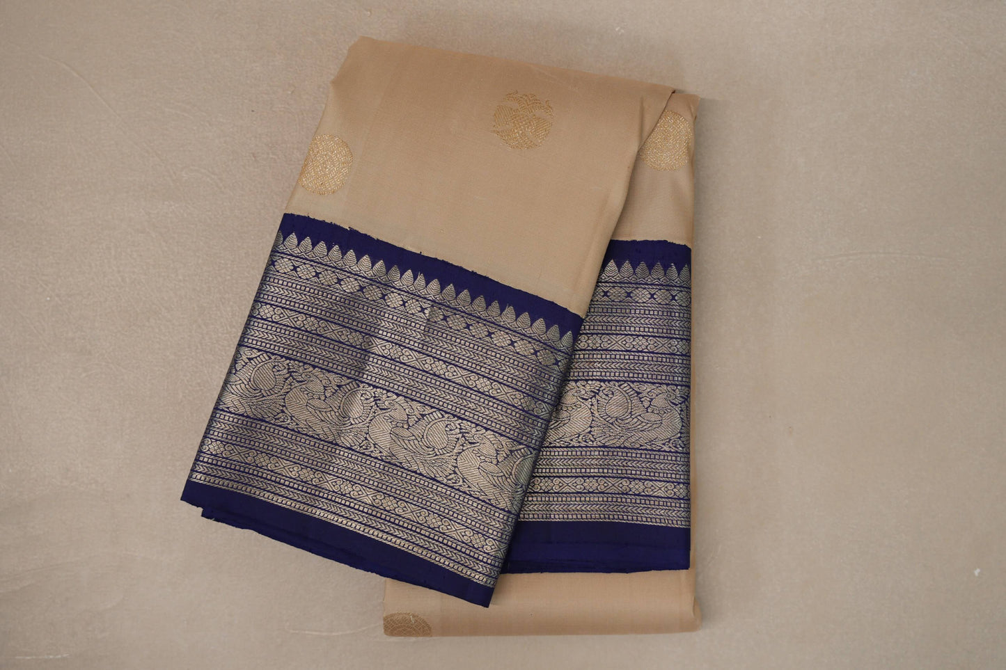 Cream Beige with Navy Blue Borders Vintage Kanjivaram Silk Saree