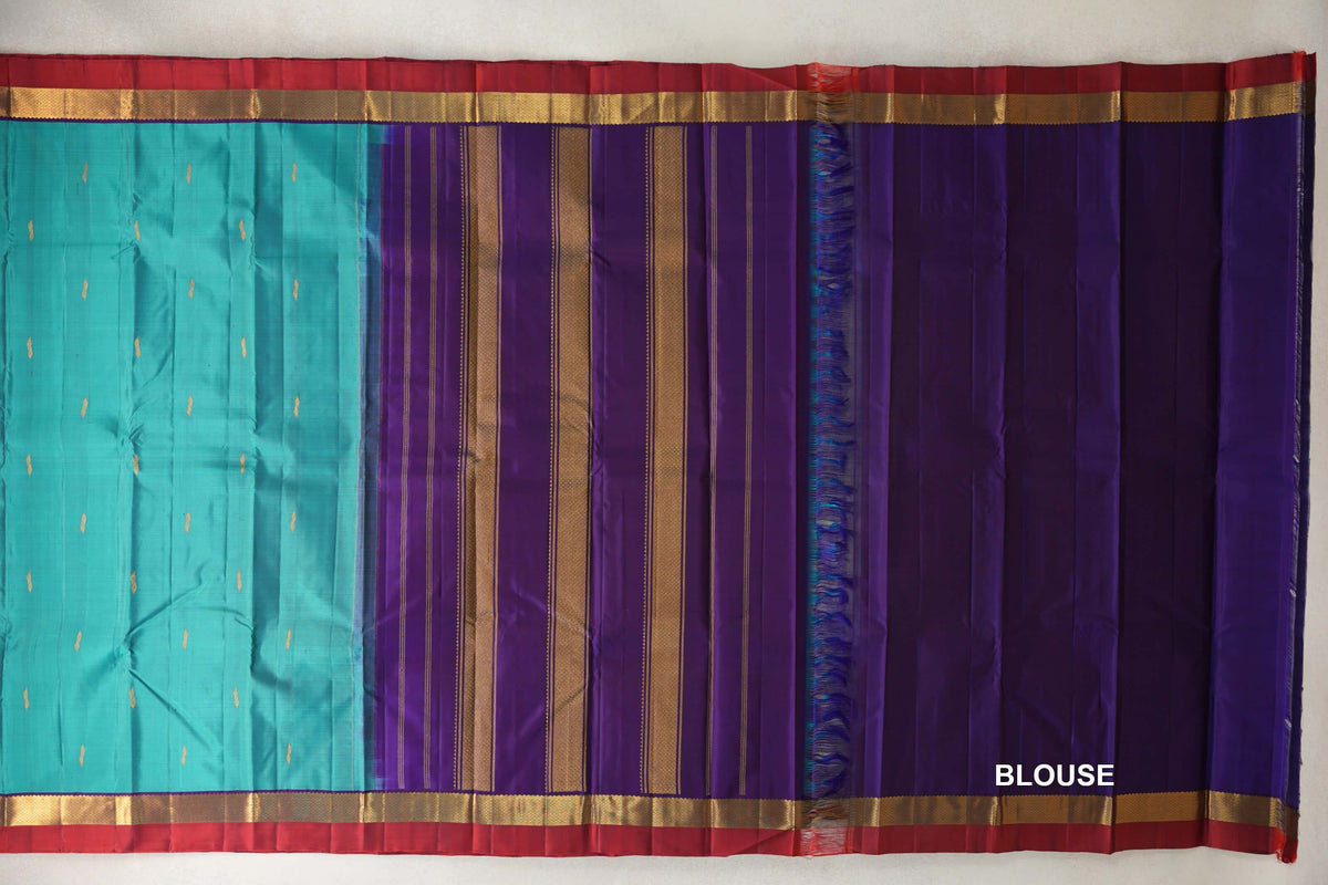 Aqua Blue with Deep Violet Purple with Deep Red Selvedge Borders Vintage Kanjivaram Silk Saree blouse