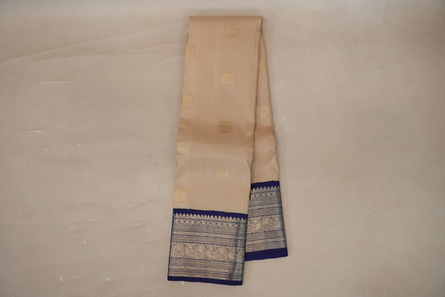 Online Cream Beige with Navy Blue Borders Vintage Kanjivaram Silk Saree