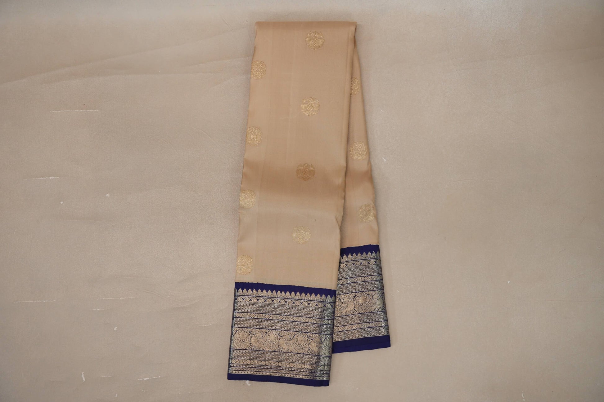 Online Cream Beige with Navy Blue Borders Vintage Kanjivaram Silk Saree